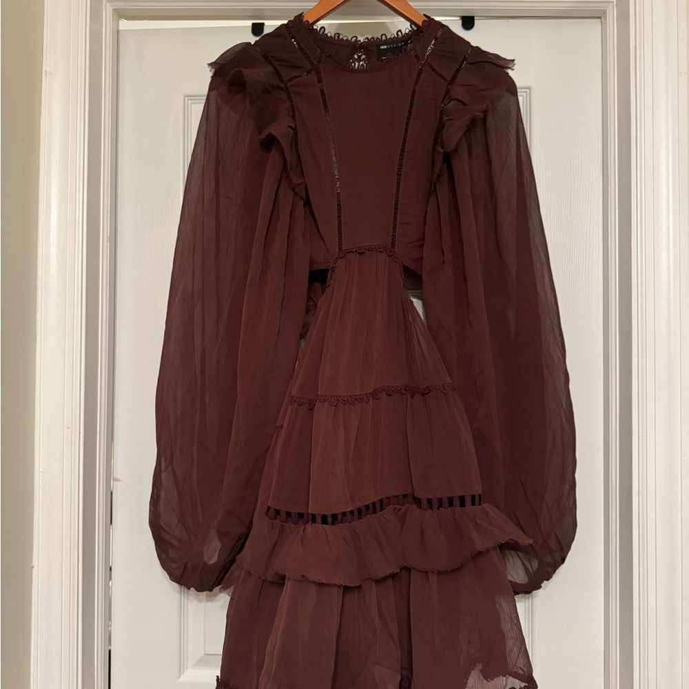 NWT ASOS DESIGN US 6 Tall Lace Insert High Neck Mini Dress Frills (Chocolate)
